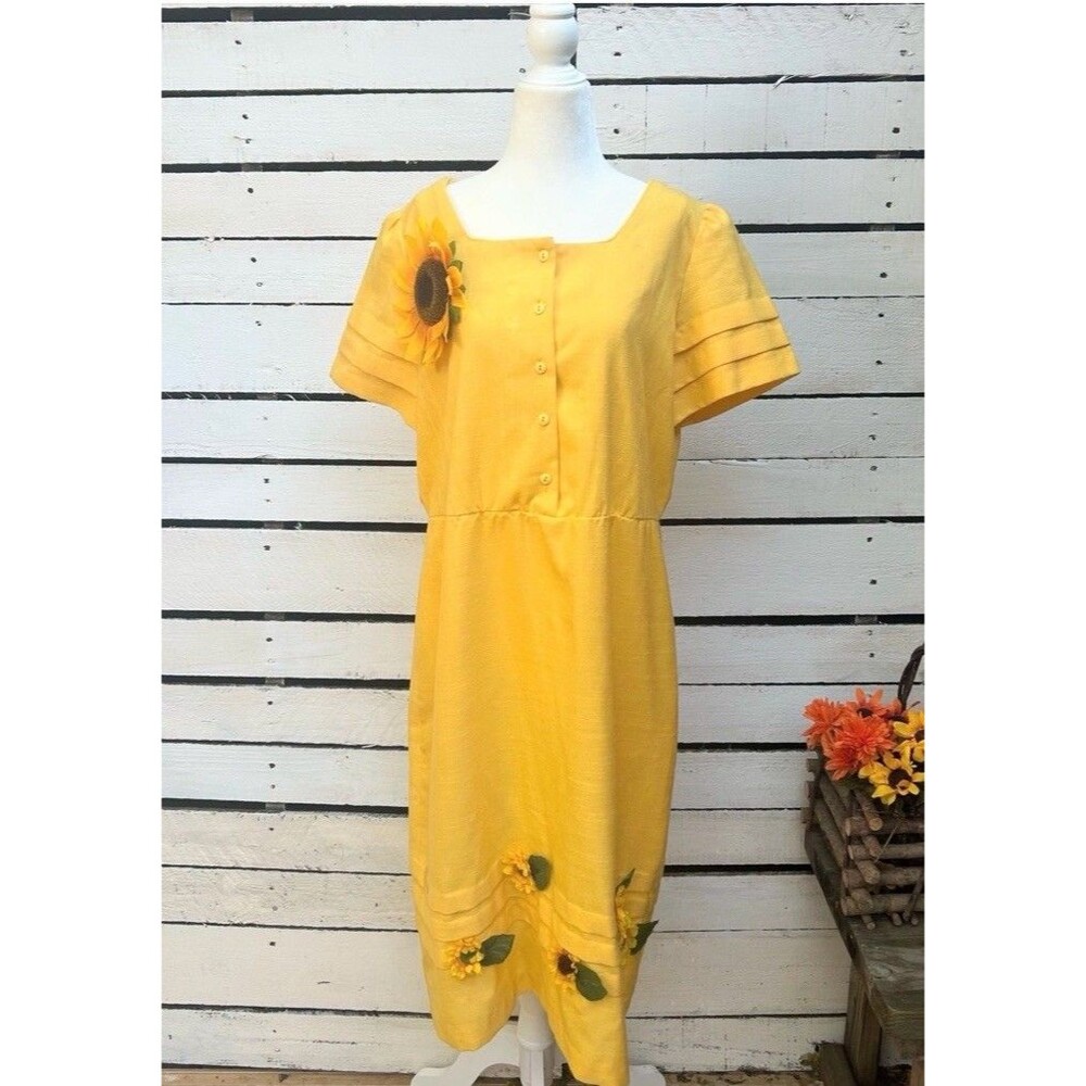 Vtg 60s Dress Murray Meisner Sunflowers Yellow Shift Dress Woven Cotton Size 39w